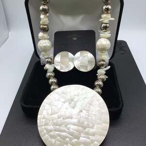 Vintage Karla Jordan Mother of Pearl Silver Overlay Necklace Earrings Set
